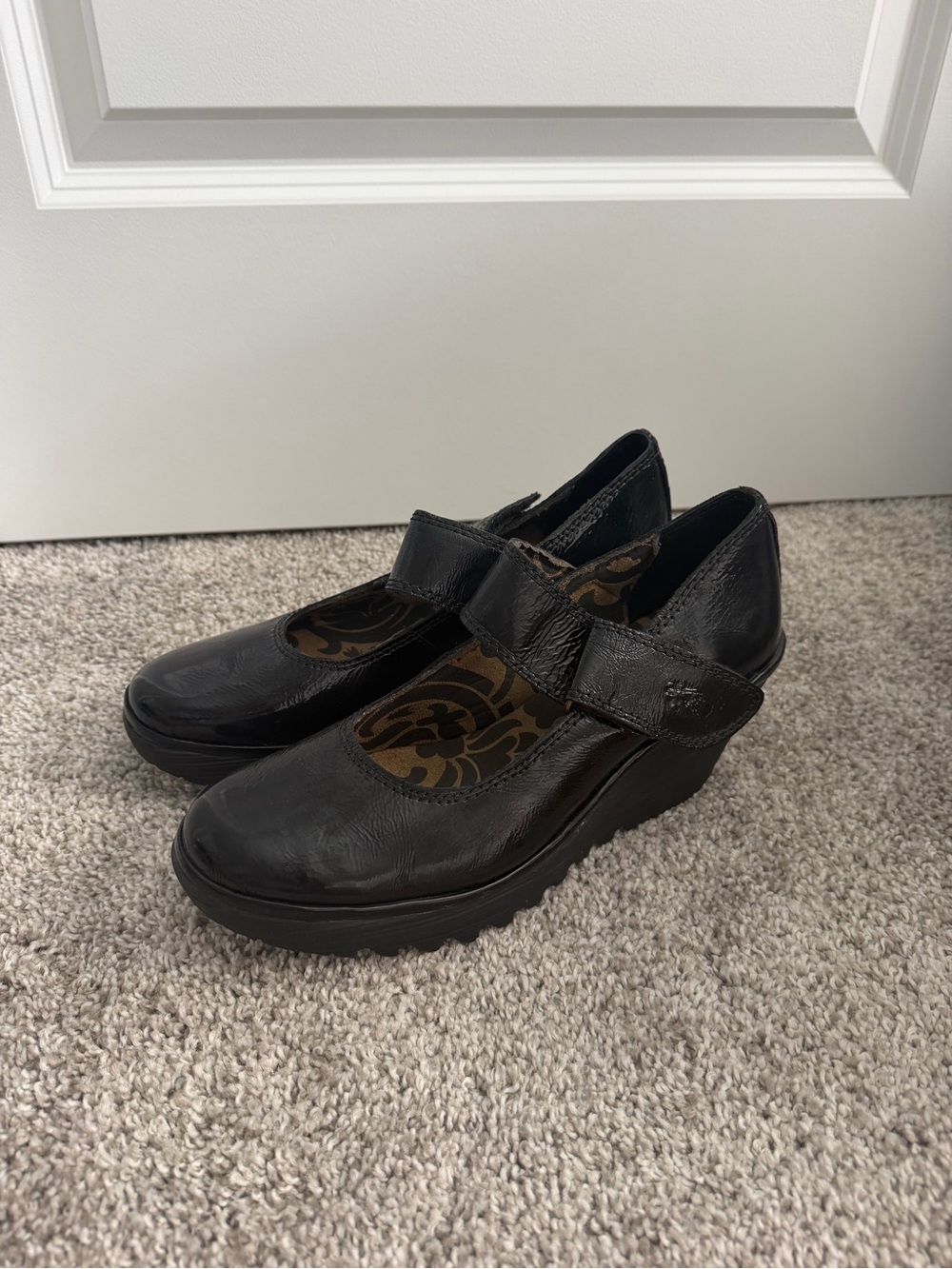 Fly London Black Leather Mary Jane Wedge Shoes